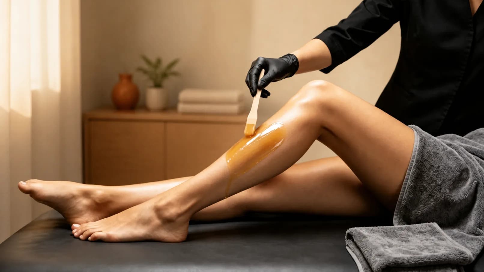 A client's lower leg being waxed with a wooden spatula