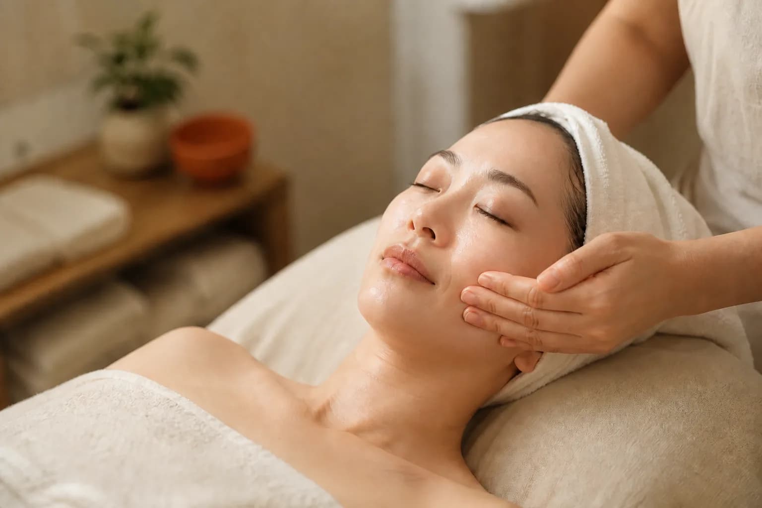A woman resting with her eyes closed during a facial treatment